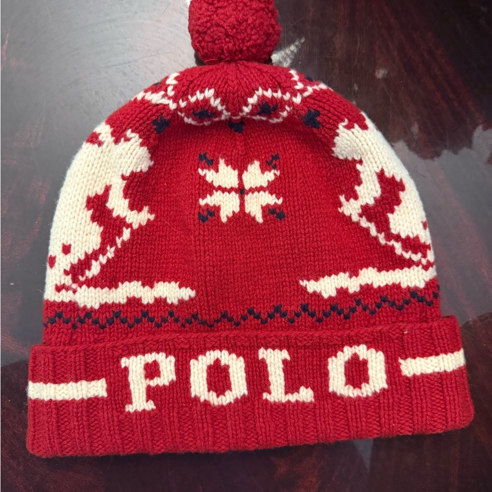Polo Red and White Knit Beanie